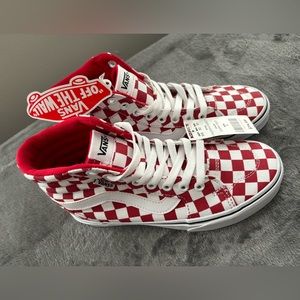 New red checkered high top vans